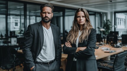 Fototapeta premium Lawyer and assistant discussing case in bright conference room, formal attire, professional office environment