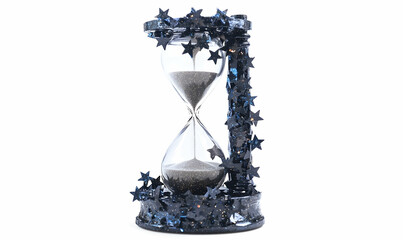 Hourglass with dark sand and black star glitter embellishments isolated against a white background