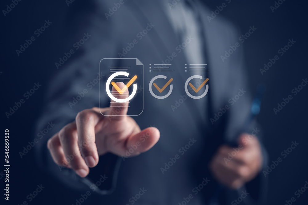 Fototapete Online document checking and validation system. checklist icons for business file approval, form processing, and secure verification workflow in a digital environment.