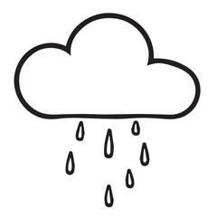 A black outline vector drawing of a white cloud with several raindrops falling from it.