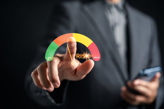 Risk management for business and investment strategy. Visual gauge shows risk level from low to high, symbolizing decision-making, planning, and financial analysis.