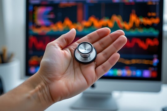 Healthcare professional examining medical data office environment digital analytics display close-up viewpoint health monitoring concept