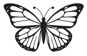 A black and white vector illustration of a butterfly with detailed wings and antennae.