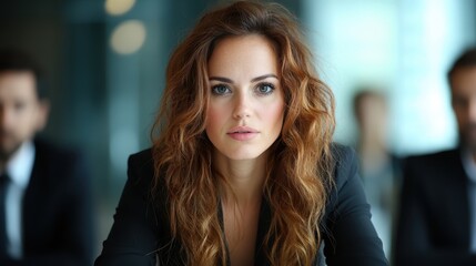Fototapeta premium A determined businesswoman, with expressive features, engages in serious conversation at a corporate meeting, embodying professionalism and confidence in her career.