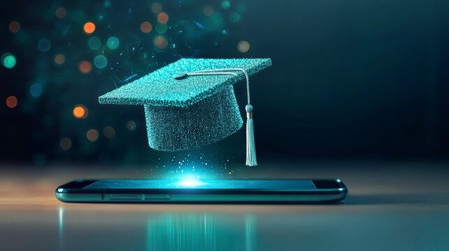 Graduation cap digitally appears above smartphone, symbolizing online education.