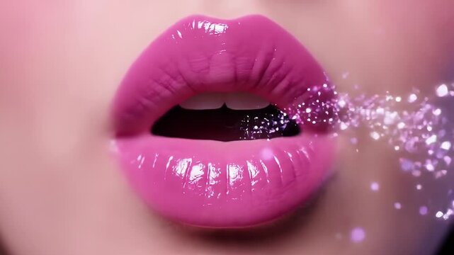Closeup of pink lips with heart design and glitter sparks ideal for beauty advertising or editorial content