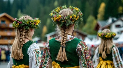 Midsummer celebration in Northern Europe, people dancing in meadow with floral wreaths, festive tradition