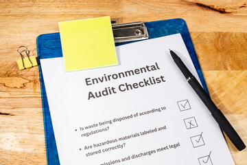 Sustainability Assessment Checklist Paper with Pen on Desk – Eco Compliance Inspection Scene