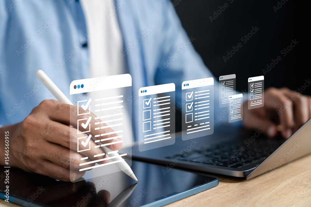Poster Digital checklist automation system enhancing smart workflow, Perfect for document approval, task tracking, team collaboration, and boosting online productivity.