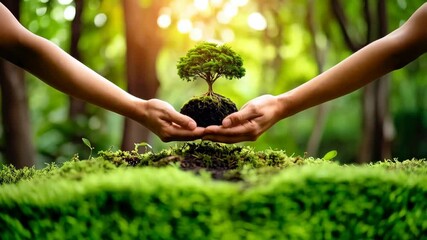 Hands cradling a young sapling with roots in a lush forest, symbolizing environmental protection and nature conservation
