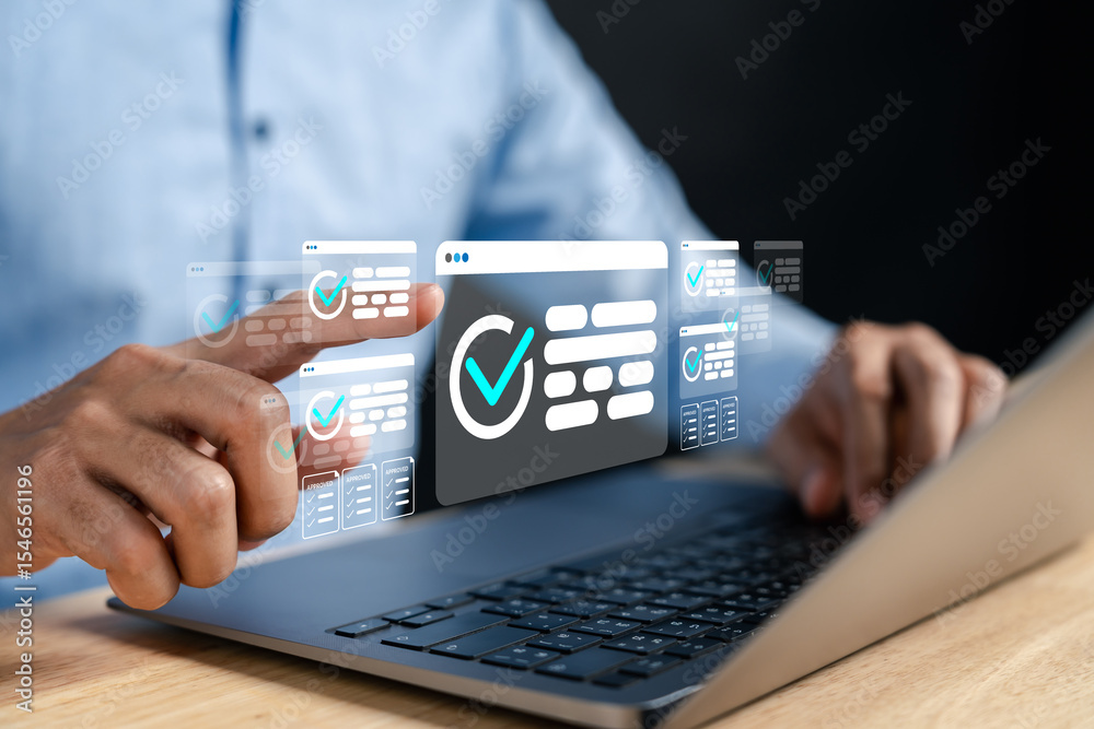 Fototapete Businessman using technology to verify online documents with digital check marks. Concept of documentation, document management, database, and signing digital agreements and contracts.