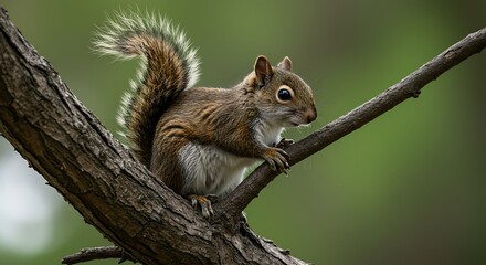Squirrel Resting on a Branch in Forest with Green Background