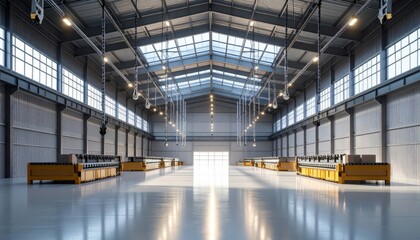 Obraz premium Modern Warehouse Interior with Glass Ceiling and Conveyor Belts
