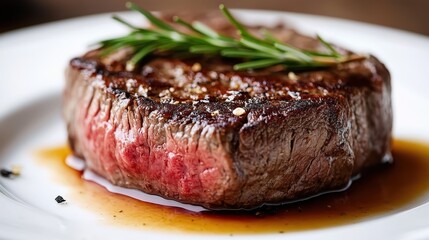 An appetizing grilled steak displayed beautifully with a sprig of rosemary, emphasizing the art of cooking and the joy of indulging in perfectly prepared meat.