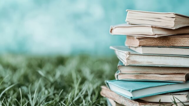 A charming composition of stacked vintage books set against a natural backdrop, representing knowledge, nostalgia, and the love for reading.