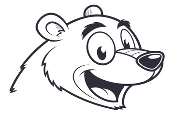 The monochrome bear cartoon head gleefully smiles broadly with visible tongue and happy expressive eyes