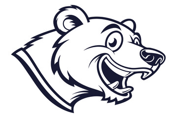 Happy bear head shows a cheerful cartoon face in black and white outline