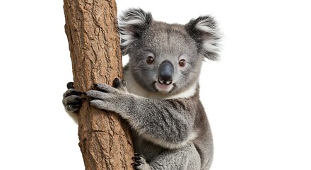 Fototapeta premium Cute Koala Bear Climbing Tree on Isolated White Background
