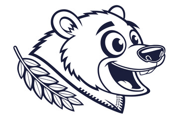 Amusing bear head outline holds laurel branch, creating an emblem in monochrome format