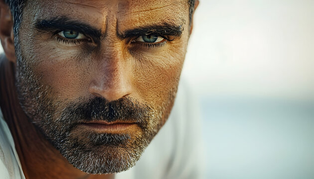 Intense close-up of a mature man with striking blue eyes and a graying beard, gazing directly at the viewer