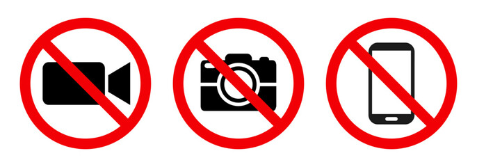 No photography, no video, do not use the phone, red sign symbol prohibition. Warning red round sign, prohibited symbol