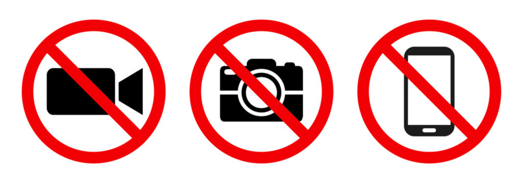 No photography, no video, do not use the phone, red sign symbol prohibition. Warning red round sign, prohibited symbol
