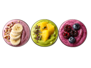 Colorful Smoothie Dishes Fresh Ingredients Served on White