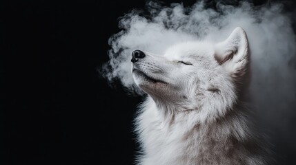 Obraz premium A stunning close-up of a Samoyed dog with its eyes closed, surrounded by a soft mist, evoking feelings of tranquility, serenity, and connection with nature's beauty.