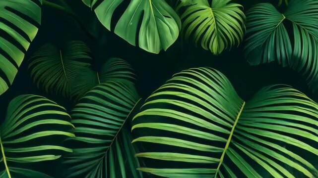 Lush tropical foliage featuring vivid orange hibiscus blooms, palm fronds, and monstera leaves creating a vibrant jungle backdrop.