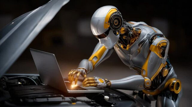 Robotic arm assists vehicle diagnostics with laptop communication