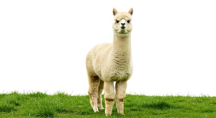 Obraz premium Standing Alpaca on Green Grass with a Clean White Background