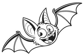 Cartoon bat soars joyfully, presenting a cheerful smile and expansive wings in monochrome