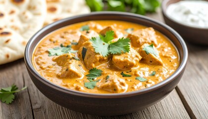 Creamy Butter Chicken with Garlic Naan on Rustic Wooden Table