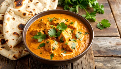 Butter Chicken in Creamy Sauce with Naan on Wooden Table
