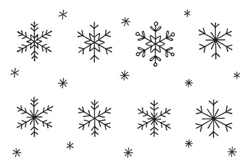 Collection of snowflakes, in doodle style. Snow illustration, icy organic shapes. Design for Christmas banner, postcard. New Year ornament.