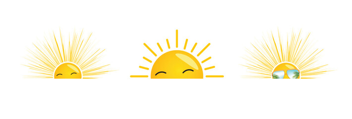 Realistic Yellow sun icon set, sunshine and solar glow,  sunset icon 