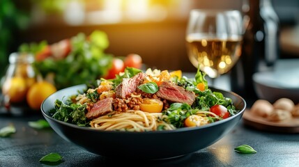 A beautifully presented pasta dish topped with fresh vegetables and meat, accompanied by a glass of wine, showcasing culinary art and a delightful dining experience.