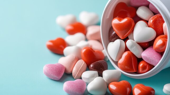 A vibrant collection of heart-shaped candies spills from an open container, illustrating a playful and romantic theme ideal for celebrations and sweet treats, evoking feelings of love.