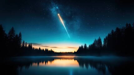 A peaceful night sky filled with stars and a shooting star reflects on a calm lake, creating a serene atmosphere that inspires tranquility and wonder.