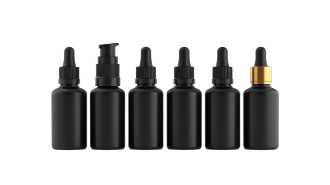 A product photography shot of five black glass dropper bottles arranged in a horizontal line against a pure white background