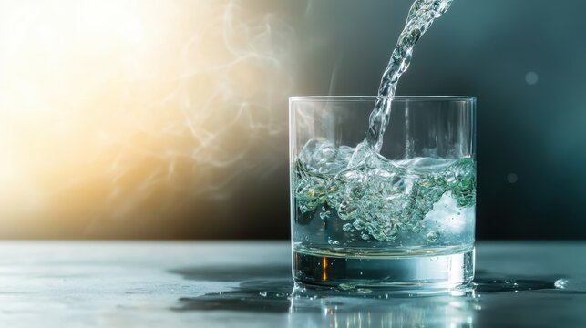 A crystal-clear glass of water is being poured, highlighting the refreshing clarity and purity of the liquid, symbolizing vitality and the essential nature of hydration in life.