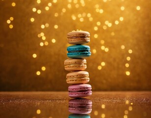 Macaron Tower: A tower of vibrant macarons, each a delightful explosion of flavor and color, stacked artfully against a background of golden bokeh lights. Ai generated image