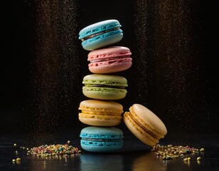 Colorful Macarons Tower: A delectable tower of vibrant macarons stands tall, each layer showcasing a different flavor and color, representing a symphony of sweet indulgence. Ai generated image