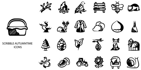 Scribble Autumntime simple concept 24 hand drawn  Black and White icons set .Vector illustration.	

