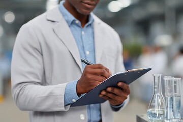 A focused scientist meticulously documents observations in a laboratory, surrounded by scientific glassware and equipment, ready for an experiment. 