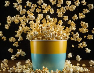 Popcorn Burst: A vibrant moment captured as popcorn spills forth from a colorful container, offering a delightful feast for the eyes. It captures the essence of cinema and treats. Ai generated image