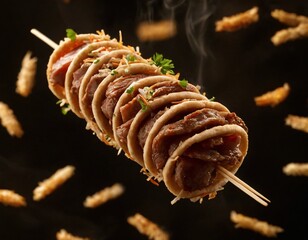 Steak Skewer with Crispy Fries: A delectable steak skewer, adorned with crispy fries and parmesan cheese, is artfully presented against a dark background. Steam rises, Ai generated image