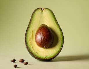 Fresh Avocado: A perfectly ripe avocado, sliced in half to reveal the vibrant green flesh and large seed, rests on a light green surface, ready to inspire healthy eating. Ai generated image