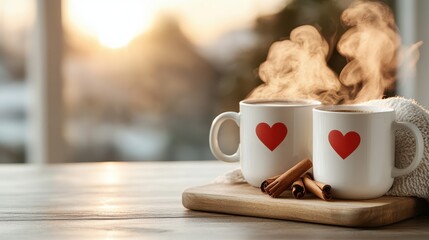 Two steaming coffee cups, adorned with red hearts, rest on a wooden table, symbolizing warmth, love, and intimacy in a cozy atmosphere illuminated by soft sunlight.