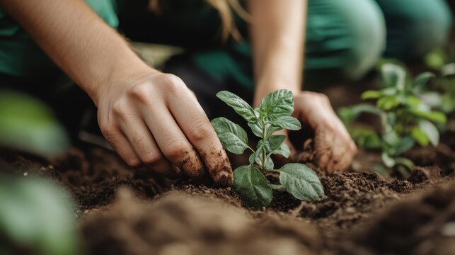 A close-up of a person's hands planting seedlings into rich, dark soil, symbolizing growth, nurturing, and the joy of gardening in a lush, vibrant environment.